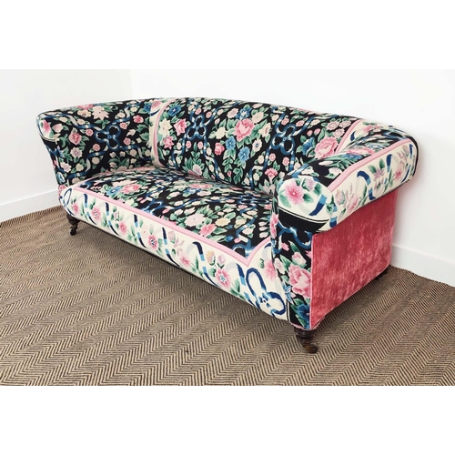 191 - CHESTERFIELD SOFA, Victorian mahogany in floral and ribbon needlework and pink velvet upholstery on ... 