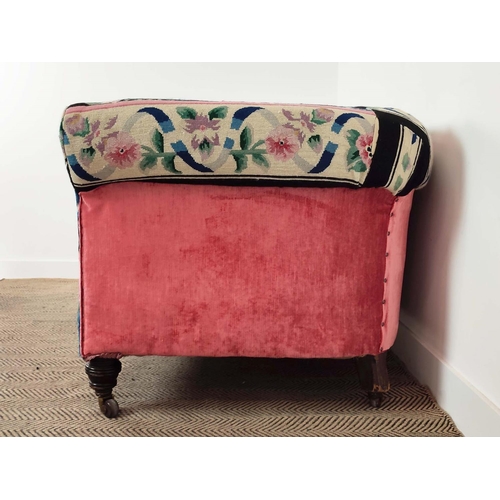 191 - CHESTERFIELD SOFA, Victorian mahogany in floral and ribbon needlework and pink velvet upholstery on ... 