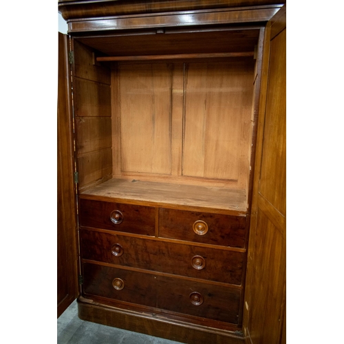 253 - WARDROBE, Victorian mahogany with mirrored door flanked by panel doors enclosing hanging rail and dr... 