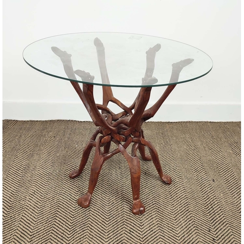 255 - OCCASIONAL TABLE, hardwood with circular glass top on intertwined camel outline supports, 62cm H x 6... 