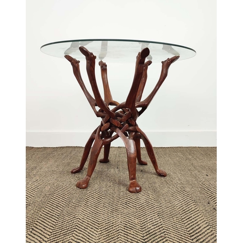 255 - OCCASIONAL TABLE, hardwood with circular glass top on intertwined camel outline supports, 62cm H x 6... 