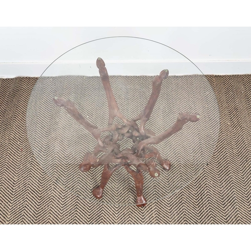 255 - OCCASIONAL TABLE, hardwood with circular glass top on intertwined camel outline supports, 62cm H x 6... 