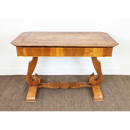 265 - WRITING TABLE, Biedermeier walnut, olivewood and marquetry with frieze drawer, 80cm H x 122cm x 62cm... 