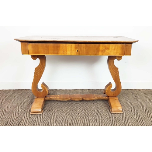 265 - WRITING TABLE, Biedermeier walnut, olivewood and marquetry with frieze drawer, 80cm H x 122cm x 62cm... 