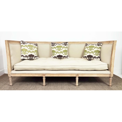 268 - SOFA, Louis XVI style bleached cherrywood in neutral upholstery with squab and scatter cushions on c... 