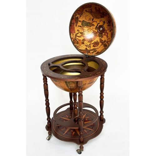 293 - GLOBE COCKTAIL CABINET, in the form of an antique terrestrial globe on stand with rising lid and fit... 