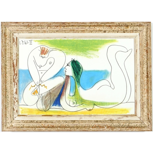 52 - AFTER PABLO PICASSO, Two bathers, dated in the plate, off set lithograph, French vintage frame.