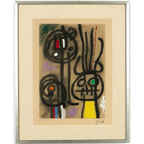 62 - JOAN MIRO, Personnages, a pair, numbered limited edition pochoir, stamped signature, embossed Euroar... 