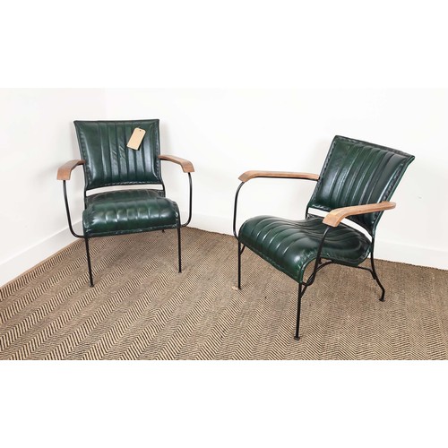 578 - ARMCHAIRS, a pair, green leather upholstery with wooden arms and metal supports, 65cm x 75cm H x 70c... 