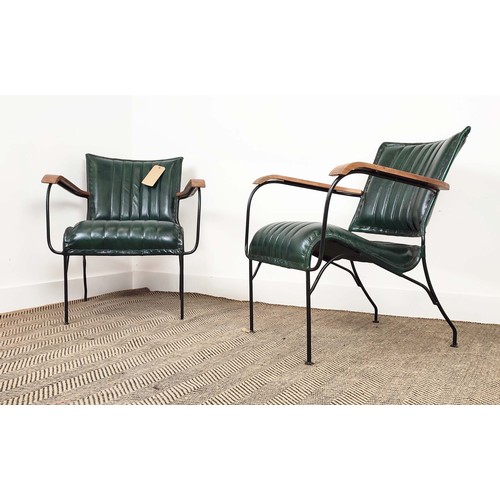 578 - ARMCHAIRS, a pair, green leather upholstery with wooden arms and metal supports, 65cm x 75cm H x 70c... 