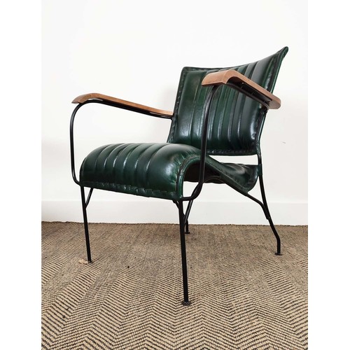 578 - ARMCHAIRS, a pair, green leather upholstery with wooden arms and metal supports, 65cm x 75cm H x 70c... 