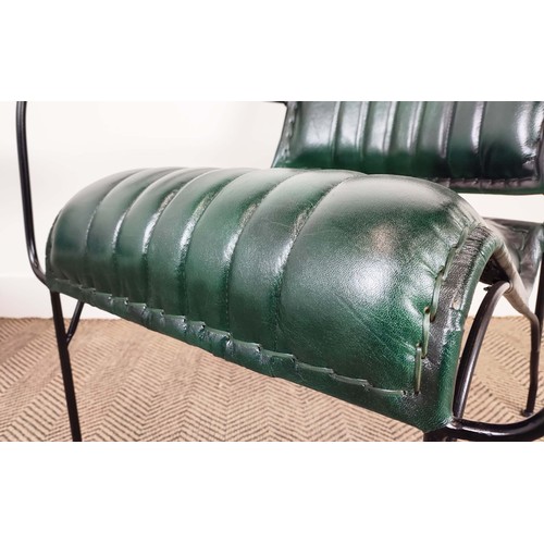 578 - ARMCHAIRS, a pair, green leather upholstery with wooden arms and metal supports, 65cm x 75cm H x 70c... 