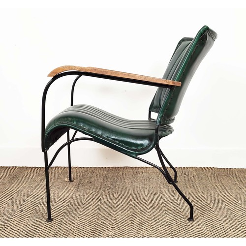 578 - ARMCHAIRS, a pair, green leather upholstery with wooden arms and metal supports, 65cm x 75cm H x 70c... 