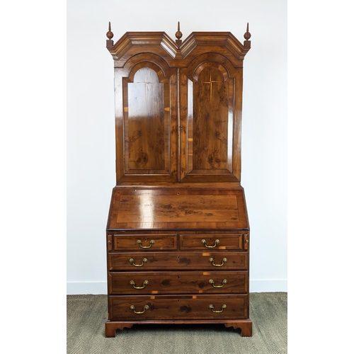 178 - BUREAU CABINET, George II style yewwood and stellar inlaid with three finials over panelled doors wi... 