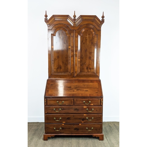 178 - BUREAU CABINET, George II style yewwood and stellar inlaid with three finials over panelled doors wi... 