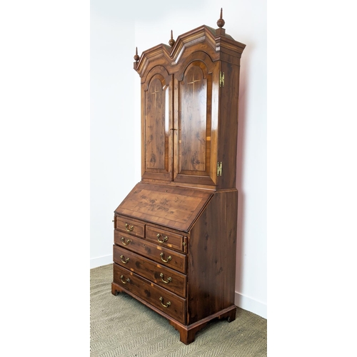 178 - BUREAU CABINET, George II style yewwood and stellar inlaid with three finials over panelled doors wi... 