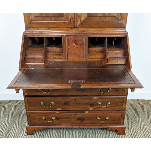 178 - BUREAU CABINET, George II style yewwood and stellar inlaid with three finials over panelled doors wi... 