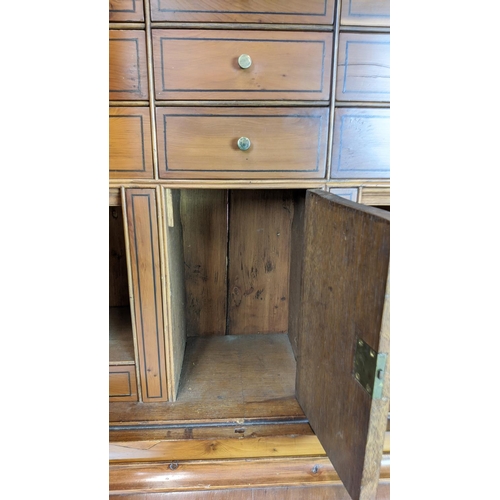 178 - BUREAU CABINET, George II style yewwood and stellar inlaid with three finials over panelled doors wi... 