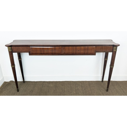 263 - HALL TABLE, mid 20th century palissandre and brass mounted with two drawers, 89cm H x 176cm x 38cm.