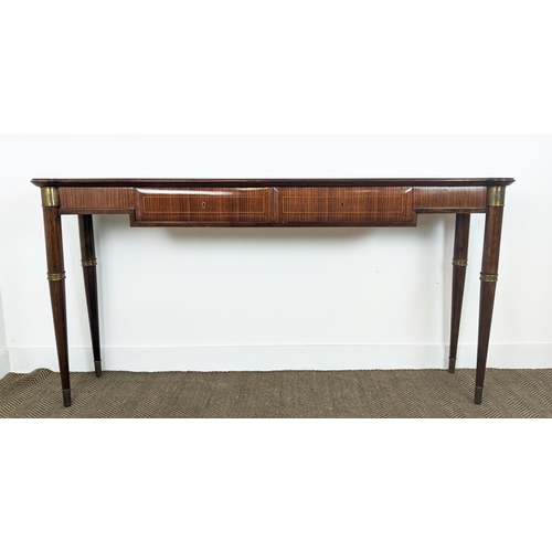 263 - HALL TABLE, mid 20th century palissandre and brass mounted with two drawers, 89cm H x 176cm x 38cm.