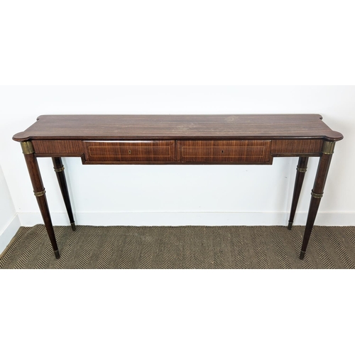 263 - HALL TABLE, mid 20th century palissandre and brass mounted with two drawers, 89cm H x 176cm x 38cm.