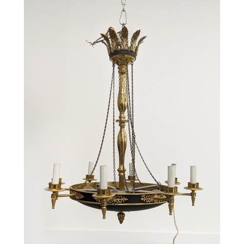 269 - CEILING LIGHT EMPIRE STYLE, black metal and brass with acanthus leaf detail, 77cm W x 96cm H approx.