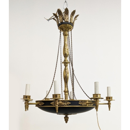 269 - CEILING LIGHT EMPIRE STYLE, black metal and brass with acanthus leaf detail, 77cm W x 96cm H approx.