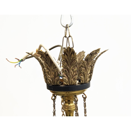 269 - CEILING LIGHT EMPIRE STYLE, black metal and brass with acanthus leaf detail, 77cm W x 96cm H approx.