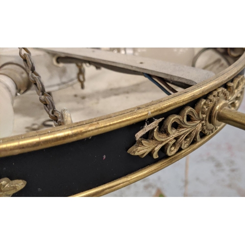 269 - CEILING LIGHT EMPIRE STYLE, black metal and brass with acanthus leaf detail, 77cm W x 96cm H approx.