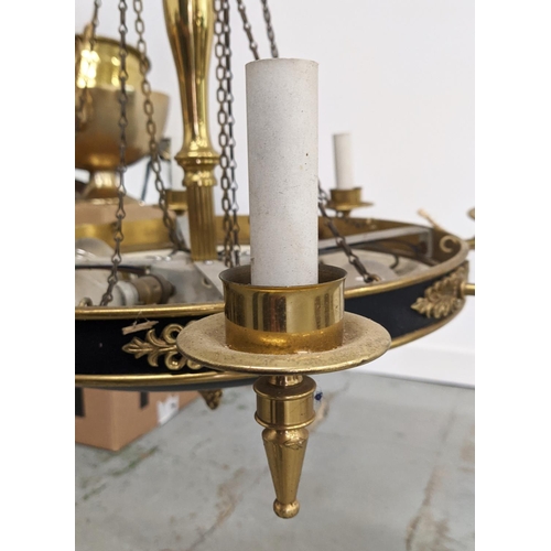 269 - CEILING LIGHT EMPIRE STYLE, black metal and brass with acanthus leaf detail, 77cm W x 96cm H approx.