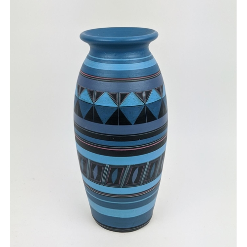 6 - A PORTUGESE STUDIO POTTERY VASE, late 20th Century, hand painted in a geometric design, terracotta g... 