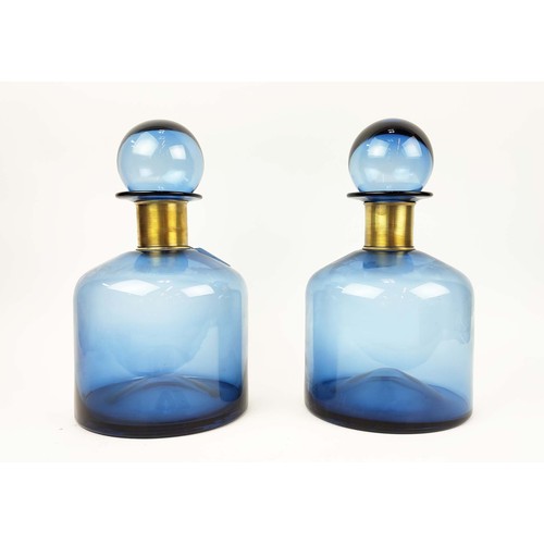 323 - BOTTLE VASES, a pair, blue glass with gilt metal, 40cm H x 22cm. (2)