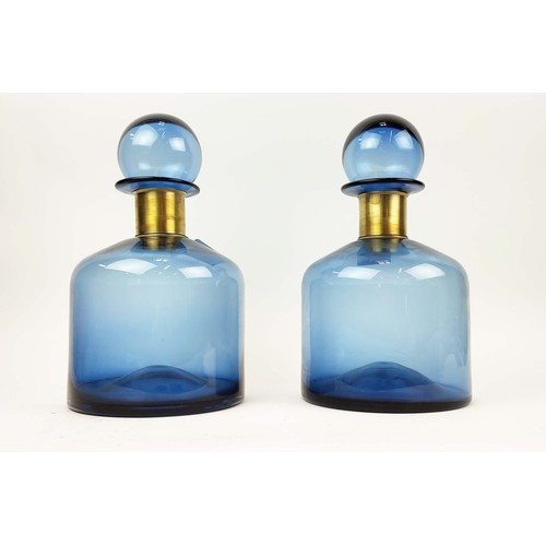 323 - BOTTLE VASES, a pair, blue glass with gilt metal, 40cm H x 22cm. (2)