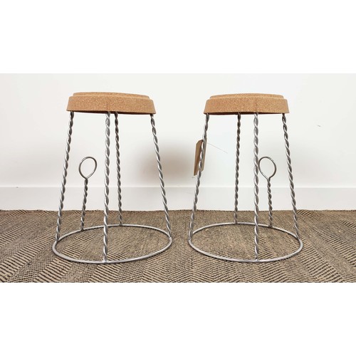 326 - CHAMPAGNE CORK STOOLS, a pair, vintage style with twisted metal bases, 53cm H. (2)