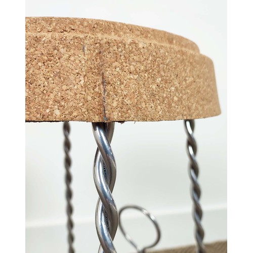 326 - CHAMPAGNE CORK STOOLS, a pair, vintage style with twisted metal bases, 53cm H. (2)