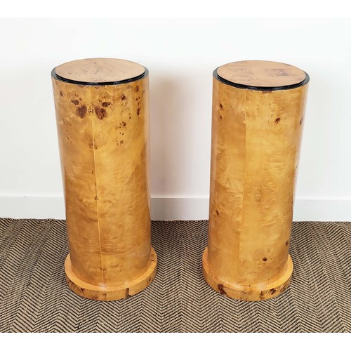 324 - PEDESTAL PLINTHS, a pair, Art Deco style burr wood, 80cm H x 30cm. (2)