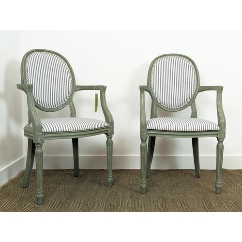 280 - A PAIR OF LOUIS XVI STYLE FAUTEUILS, blue and grey pin stripe fabric, grey distressed finish to fram... 