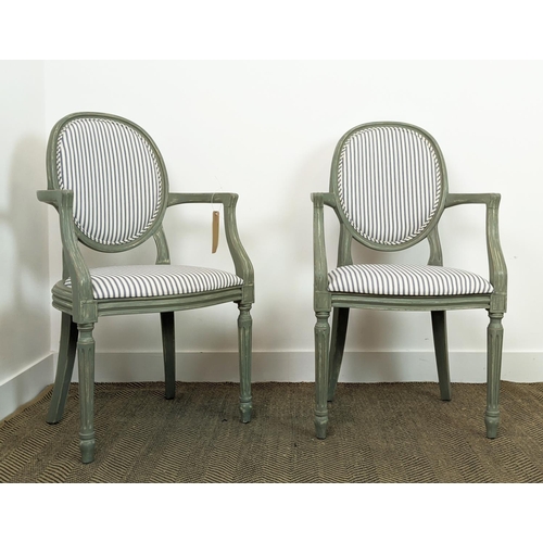 280 - A PAIR OF LOUIS XVI STYLE FAUTEUILS, blue and grey pin stripe fabric, grey distressed finish to fram... 