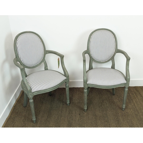 280 - A PAIR OF LOUIS XVI STYLE FAUTEUILS, blue and grey pin stripe fabric, grey distressed finish to fram... 