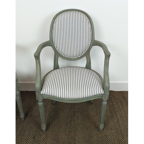 280 - A PAIR OF LOUIS XVI STYLE FAUTEUILS, blue and grey pin stripe fabric, grey distressed finish to fram... 