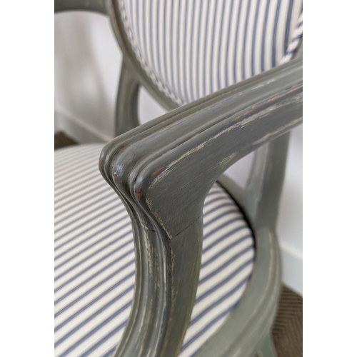 280 - A PAIR OF LOUIS XVI STYLE FAUTEUILS, blue and grey pin stripe fabric, grey distressed finish to fram... 