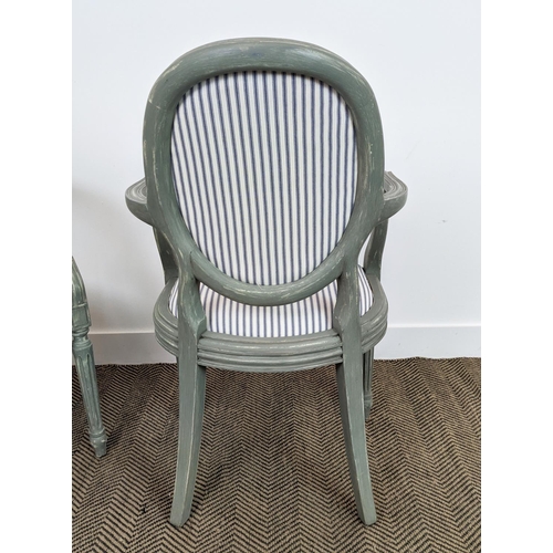 280 - A PAIR OF LOUIS XVI STYLE FAUTEUILS, blue and grey pin stripe fabric, grey distressed finish to fram... 