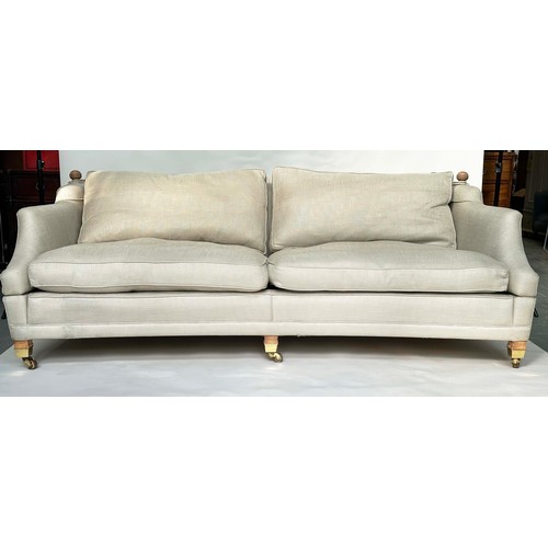 102 - KNOLL SOFA BY DURESTA, grey linen upholstered with down swept arms, feather filled cushions and squa... 