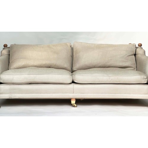 102 - KNOLL SOFA BY DURESTA, grey linen upholstered with down swept arms, feather filled cushions and squa... 