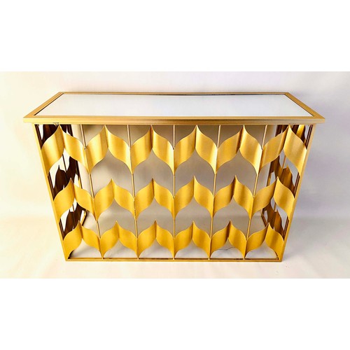 541 - CONSOLE TABLE, 82cm H x 120cm W x 40cm D, chevron design gilt metal frame, glass top.