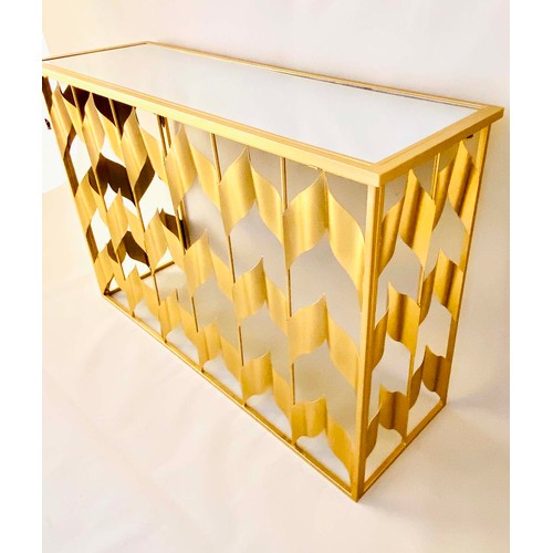 541 - CONSOLE TABLE, 82cm H x 120cm W x 40cm D, chevron design gilt metal frame, glass top.