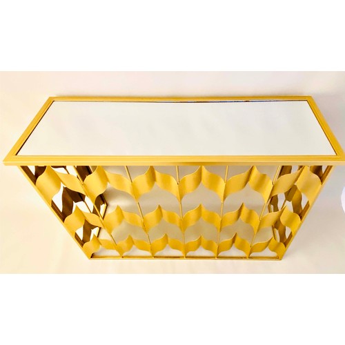 541 - CONSOLE TABLE, 82cm H x 120cm W x 40cm D, chevron design gilt metal frame, glass top.