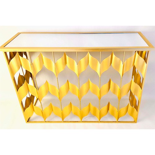 541 - CONSOLE TABLE, 82cm H x 120cm W x 40cm D, chevron design gilt metal frame, glass top.