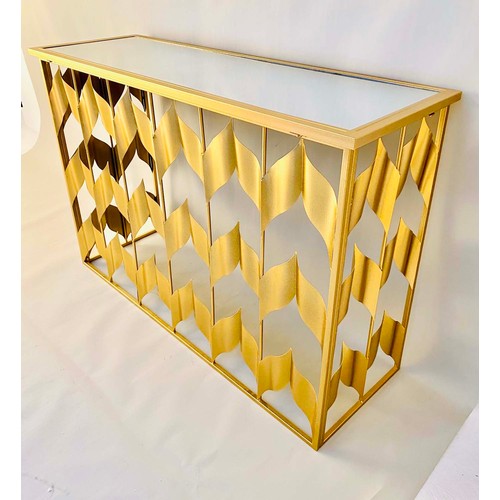 541 - CONSOLE TABLE, 82cm H x 120cm W x 40cm D, chevron design gilt metal frame, glass top.