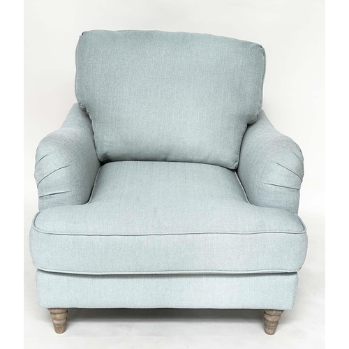 107 - COUNTRY HOUSE ARMCHAIR, Howard and Son style Bridgewater model inspired with duck egg slub linen uph... 